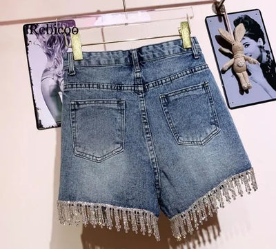 Rhinestone Fringed High Waist Denim Shorts Flash Wimen's High-end Diamond Tassel Short Jeans Hot Pants