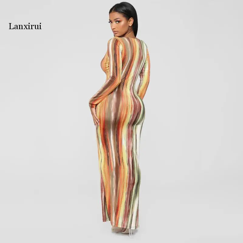 Tie Dye Stripe Print Sexy Maxi Dress Women Spring Fashion Vestidos Night Club Party Long Sleeve Bodycon Dresses