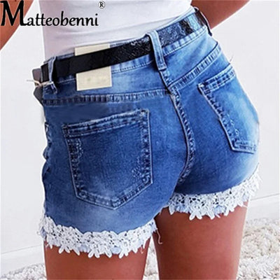 Fashion Sexy Female Decals High Waist Lace Hot Shorts 2021 Summer New Women Beach Resort Bohemia Streetwear Washed Denim Shorts