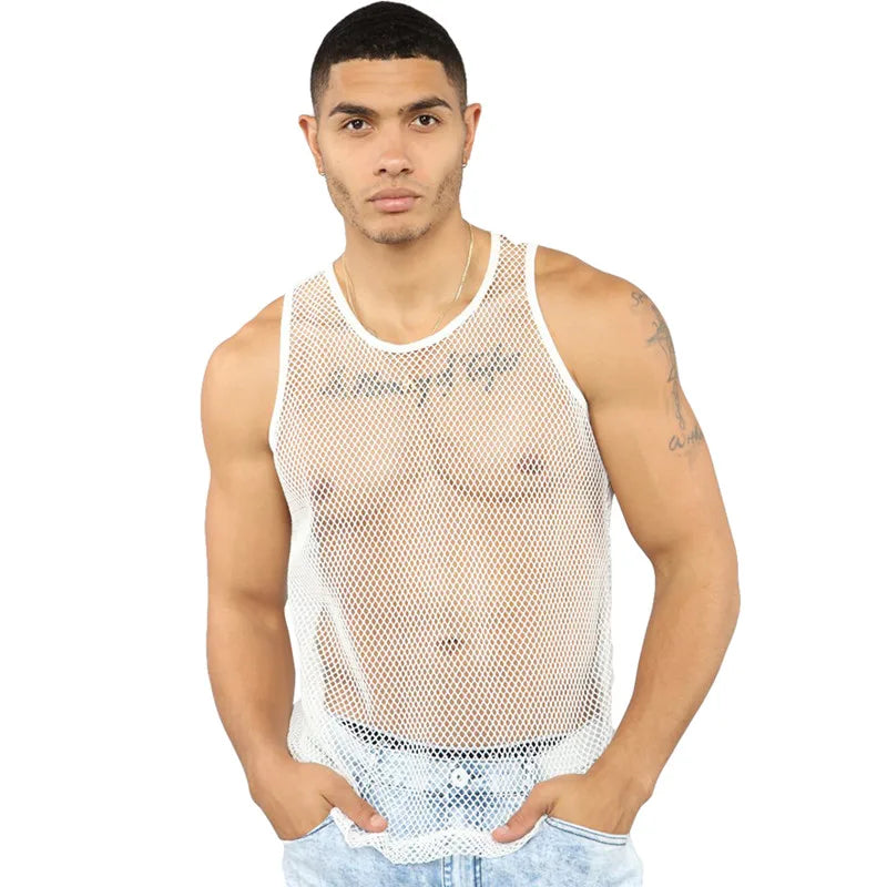 2021 New Men's Tops Sexy Mesh Perspective Vest Fishing Net Muscle Sleeveless See Through Sexy Tops