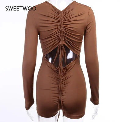 Women Lace Drawstring Pleated Bodycon Playsuits Sexy Hollow Out Backless Long Sleeve Jumpsuit Clubwear Female Bodysuit