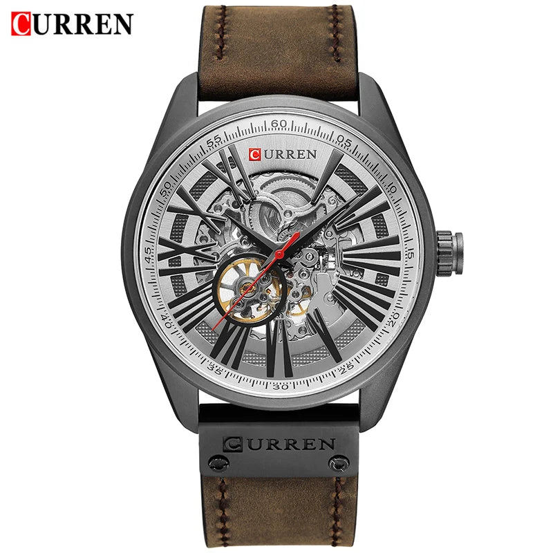 New CURREN Watch Men Skeleton Tourbillon Mechanical Watches Male Leather Automatic Self-wind Sports Clock Relogio Masculino