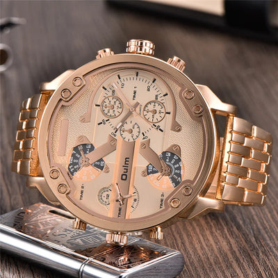 Oulm Huge Two Time Zone Men's Watches Top Luxury Brand Male Quartz Big Size Watch Individuality Large Men Military Wristwatch