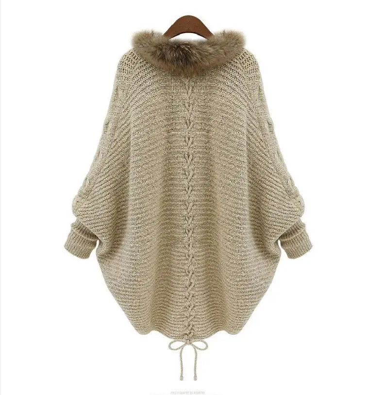 Oversize Knitwear Autumn Winter Women Khaki Faux Fur Neck Knitted Cardigans Female Long Batwing Sleeves Loose Sweater Shirt