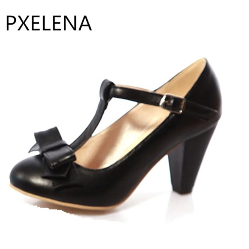 PXELENA 2017 Celebrity Lolita Womens Shoes Bowtie T-Strap Block High Heels Ankle Strap Mary Jane Pumps Lady Plus Size US4.5-10.5