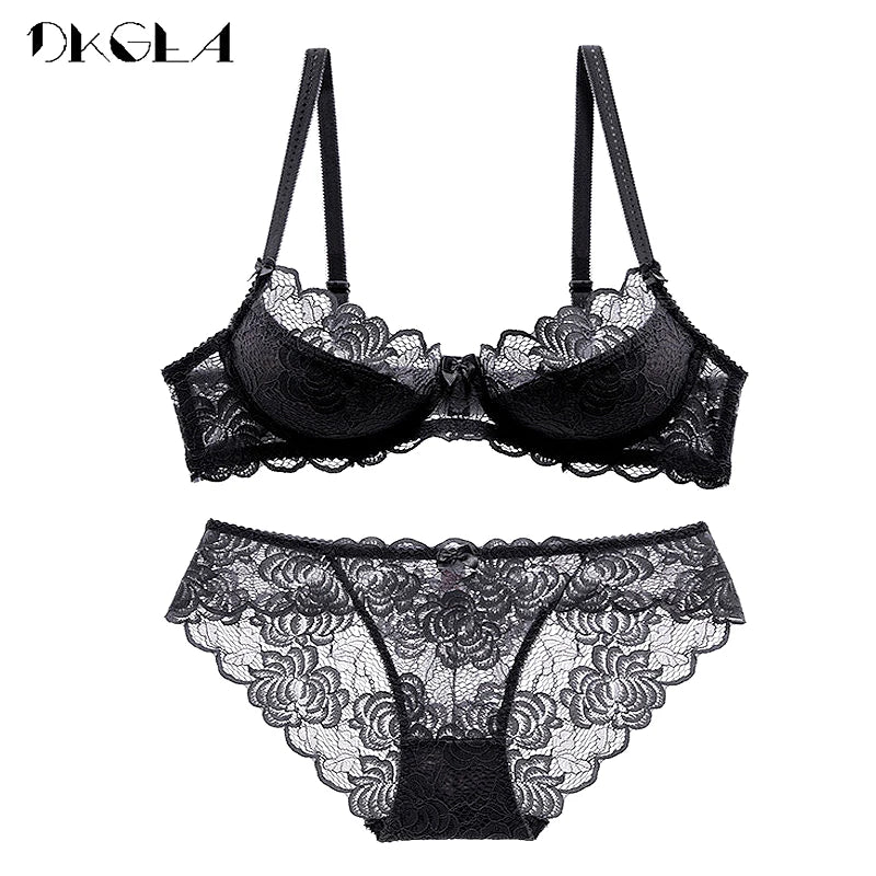 Hollow Sexy Bra Ultrathin Underwear Set Plus Size C D Cup Women Transparent Bra Sets Lace Embroidery Lingerie Gray Brassiere