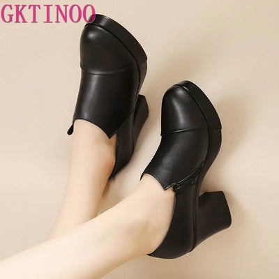 2023 women's spring and autumn shoes thick high heels fashion women genuine leather shoes first layer of cowhide platform pumps