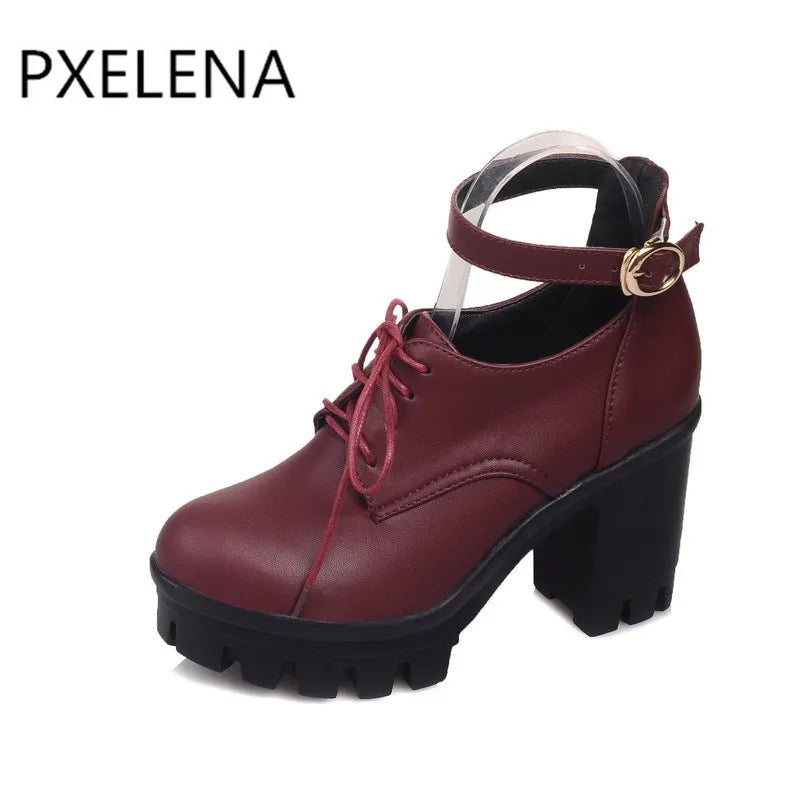 PXELENA Shoes Women Gothic Punk Plus Size Mary Janes Women Round Toe Lace Up Block Chunky High Heels Platform Pumps Roman Shoes