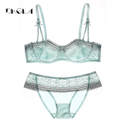 Young Girl Ultrathin Half Cup Bra Plus Size D Cup Lace Transparent Bras Set Sexy Green Underwear Women Sets Hollow Out Brassiere