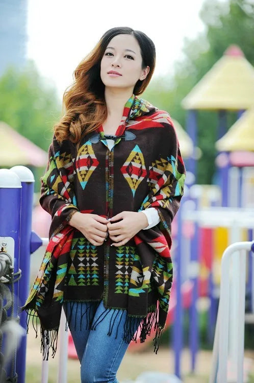 Bohemian Cape Poncho Shawl Scarf Tribal Fringe Hoodies Jacket Ethnic Warm Cardigans For Women 2021 new wool blankets cape shawl