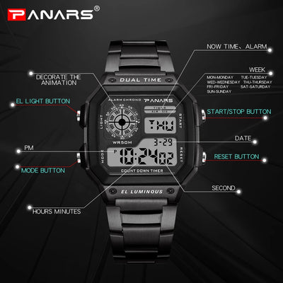 PANARS Business Men Watches Waterproof Watch Stainless Steel Digital Wristwatch Clock Relogio Masculino Erkek Kol Saati