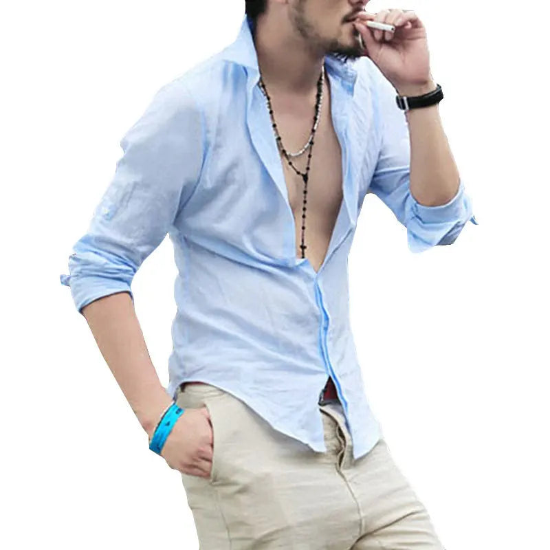 Plus Size Shirts Cotton Linen Men Shirt Long Sleeve Summer Style Hawaiian Shirts Sexy Slim Fit Men Clothes New Arrival C01