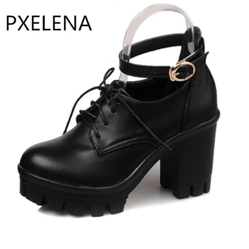 PXELENA Shoes Women Gothic Punk Plus Size Mary Janes Women Round Toe Lace Up Block Chunky High Heels Platform Pumps Roman Shoes