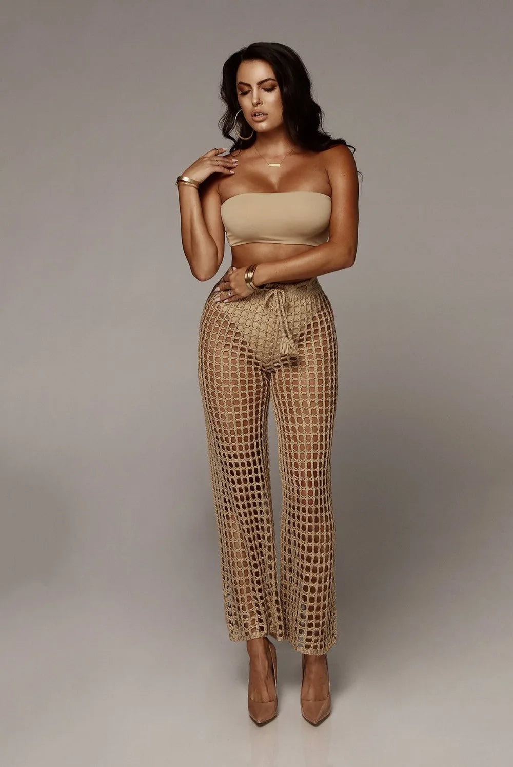 BKLD Summer Women See Through Boho Wide Leg High Waist Trousers Beach Long Loose Mesh Sheer Pants Crochet Hollow Out Women Pants