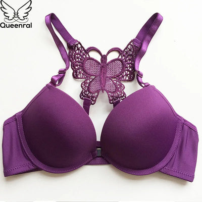 Queenral Front Closed Push Up Brassiere Panties Sexy Underwire Bra Set For Women Underwear Solid Color Female Lingerie Briefs