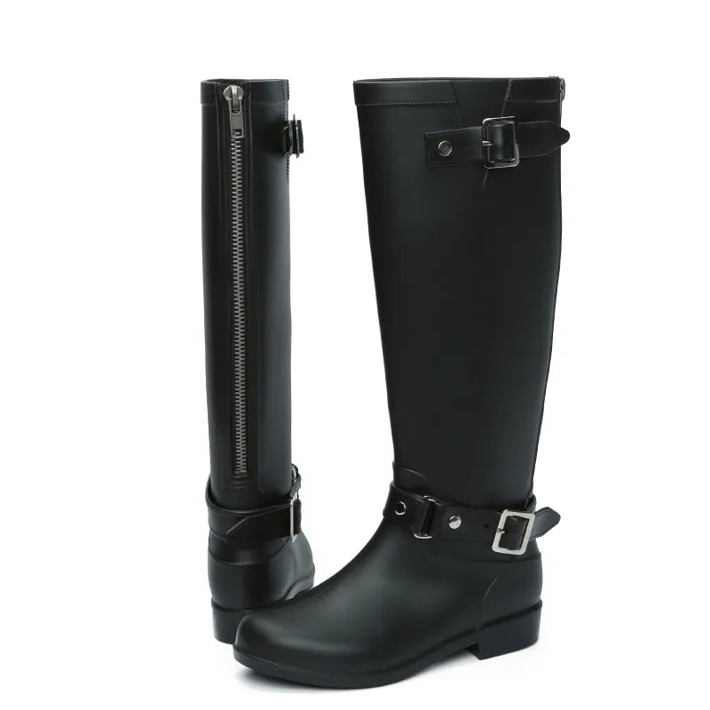 Rouroliu Waterproof Motorcycle Rain Boots Women Knee-High Back Zip Rainboots Woman Water Shoes Wellies Plus Size TS30