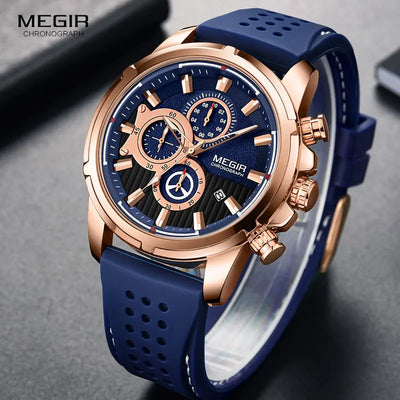 MEGIR Quartz Watches Men Silicone Strap Chronograph Wristwatch Man Relogios Masculinos Top Brand Luxury Clock Boy 2101 ROSE BLUE