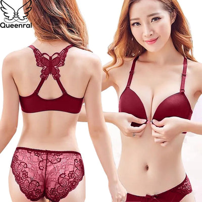 Queenral Front Closed Push Up Brassiere Panties Sexy Underwire Bra Set For Women Underwear Solid Color Female Lingerie Briefs