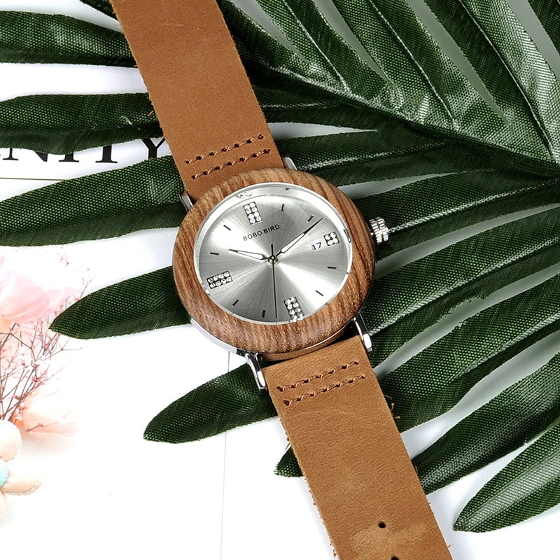 BOBO BIRD Newest Ladies Wooden Watch Calendar Date Gems Imitate Diamond Fashion Quartz Watches for Women Wood Box