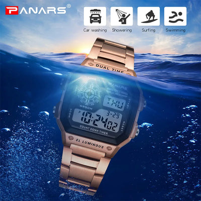 PANARS Business Men Watches Waterproof Watch Stainless Steel Digital Wristwatch Clock Relogio Masculino Erkek Kol Saati