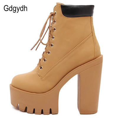 Gdgydh Fashion Spring Autumn Platform Ankle Boots Women Lace Up Thick Heel Platform Boots Ladies Worker Boots Black Big Size 42