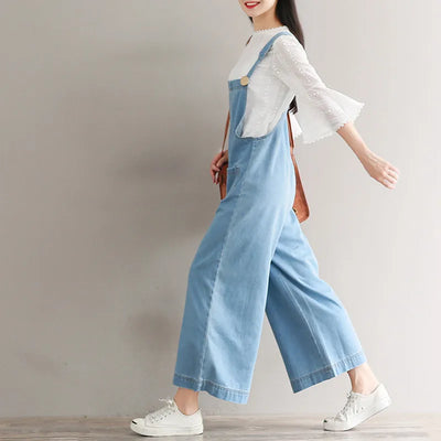 Qiukichonson Wide Leg Jumpsuit With Pockets Spring Summer Womens Rompers Plus Size Jumpsuits Mori Girl Denim Overalls 4XL 5XL