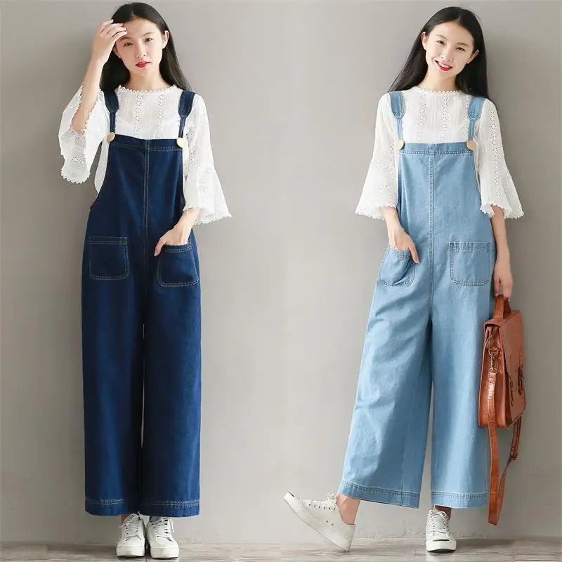 Qiukichonson Wide Leg Jumpsuit With Pockets Spring Summer Womens Rompers Plus Size Jumpsuits Mori Girl Denim Overalls 4XL 5XL