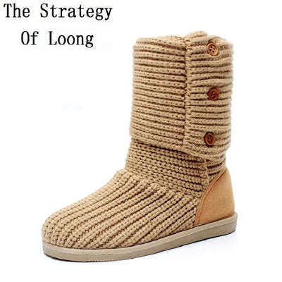 Spring Autumn Winter New Women Flats Fashion Warm Woolen Yarn Mid Half Boots Knitting Wool Yarn Snow Boots Size 35-39 SXQ0905