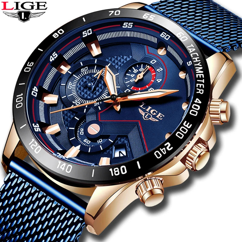 2022 New LIGE Blue Casual Mesh Belt Fashion Quartz Gold Watch Mens Watches Top Brand Luxury Waterproof Clock Relogio Masculino