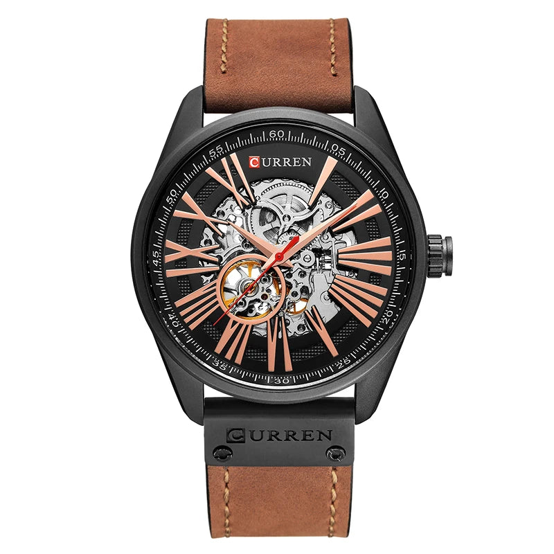 New CURREN Watch Men Skeleton Tourbillon Mechanical Watches Male Leather Automatic Self-wind Sports Clock Relogio Masculino