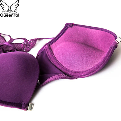 Queenral Front Closed Push Up Brassiere Panties Sexy Underwire Bra Set For Women Underwear Solid Color Female Lingerie Briefs