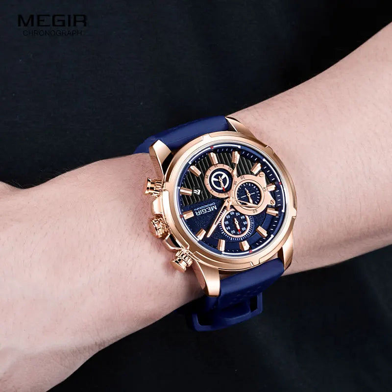 MEGIR Quartz Watches Men Silicone Strap Chronograph Wristwatch Man Relogios Masculinos Top Brand Luxury Clock Boy 2101 ROSE BLUE