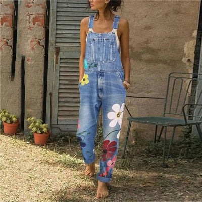 Women Jumpsuit Denim Suspender Ladies Playsuit Floral Print Pockets Rompers High Waist Long Playsuit Streetwear Fashion Overalls