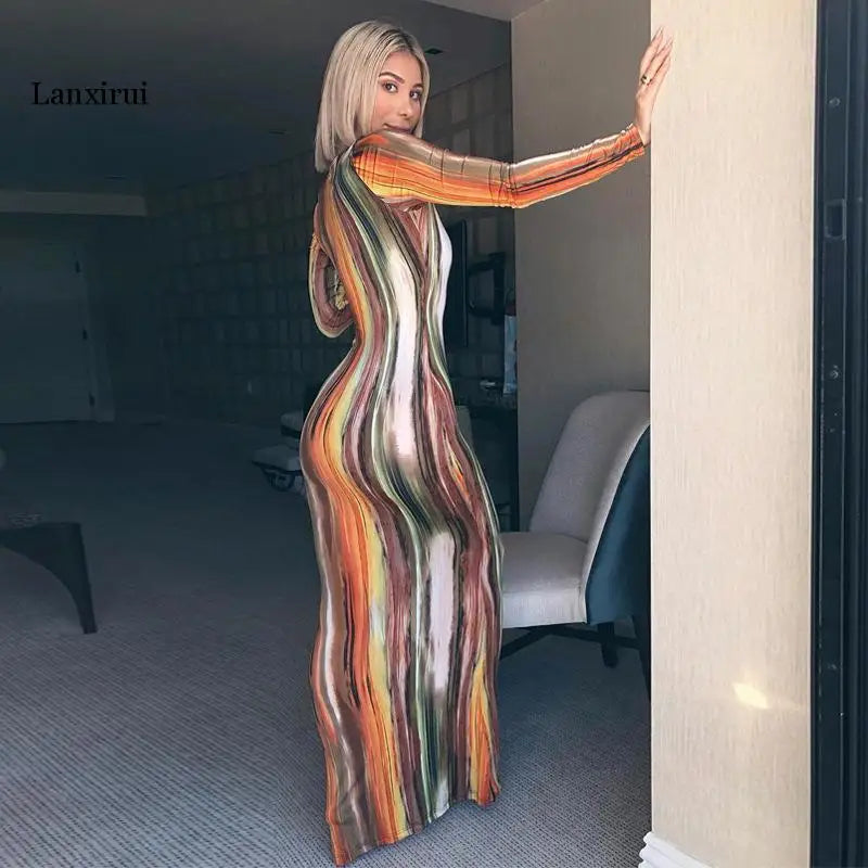 Tie Dye Stripe Print Sexy Maxi Dress Women Spring Fashion Vestidos Night Club Party Long Sleeve Bodycon Dresses