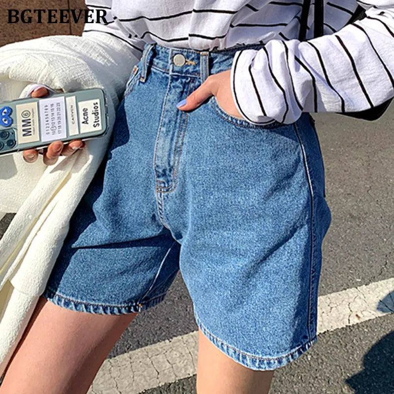 BGTEEVER Casual High Waist Straight Jeans Shorts Summer Pockets Loose Female Blue Denim Shorts Ladies High Street Bottoms 2020