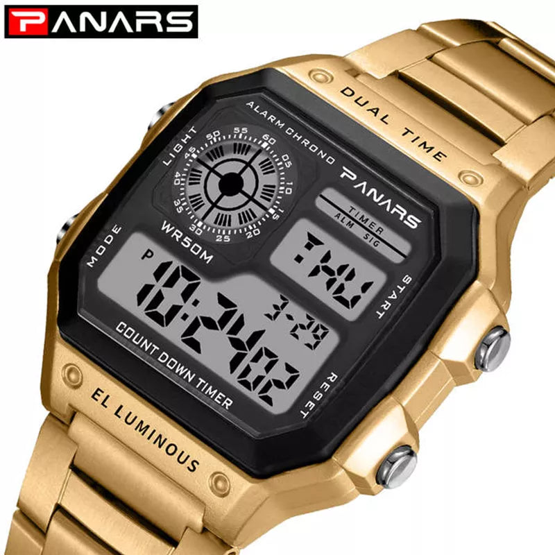 PANARS Business Men Watches Waterproof Watch Stainless Steel Digital Wristwatch Clock Relogio Masculino Erkek Kol Saati