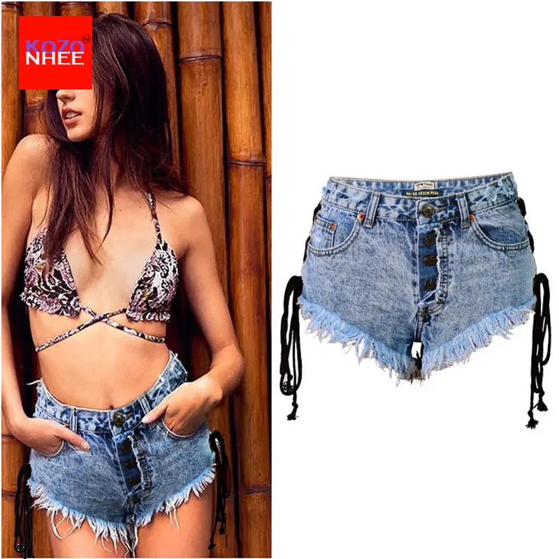 Vintage Snowflake Inelastic Women Denim Shorts With high Waist Straps Tassel Female Summer Shorts For Women's jeans