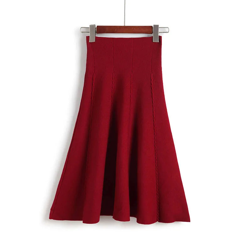 2023 Autumn Winter Knitted Skirt Women Midi High Waist A Line Knit Skirts One-pieces Seamles Pleated Elastic Thick Faldas