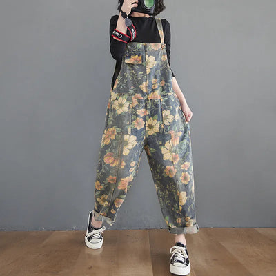 Casual Loose Plus Size Jeans Jumpsuits Women Spring Autumn Print Floral Denim Overalls Wide Leg Dungarees Straps Baggy Pants