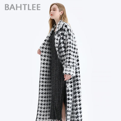 BAHTLEE Women Angora Long Coat Houndstooth Pattern Sweater Winter Wool Knitted Cardigans Jumper Turn Down Collar Long Sleeves