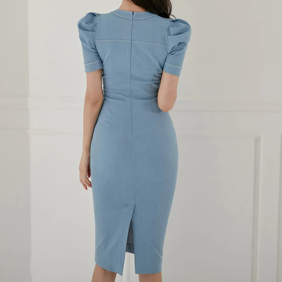 Elegant Office Lady Dress Summer High Waist Tight Dress V-Neck Puff Sleeve Decorated Single-Breasted Button Denim Dress