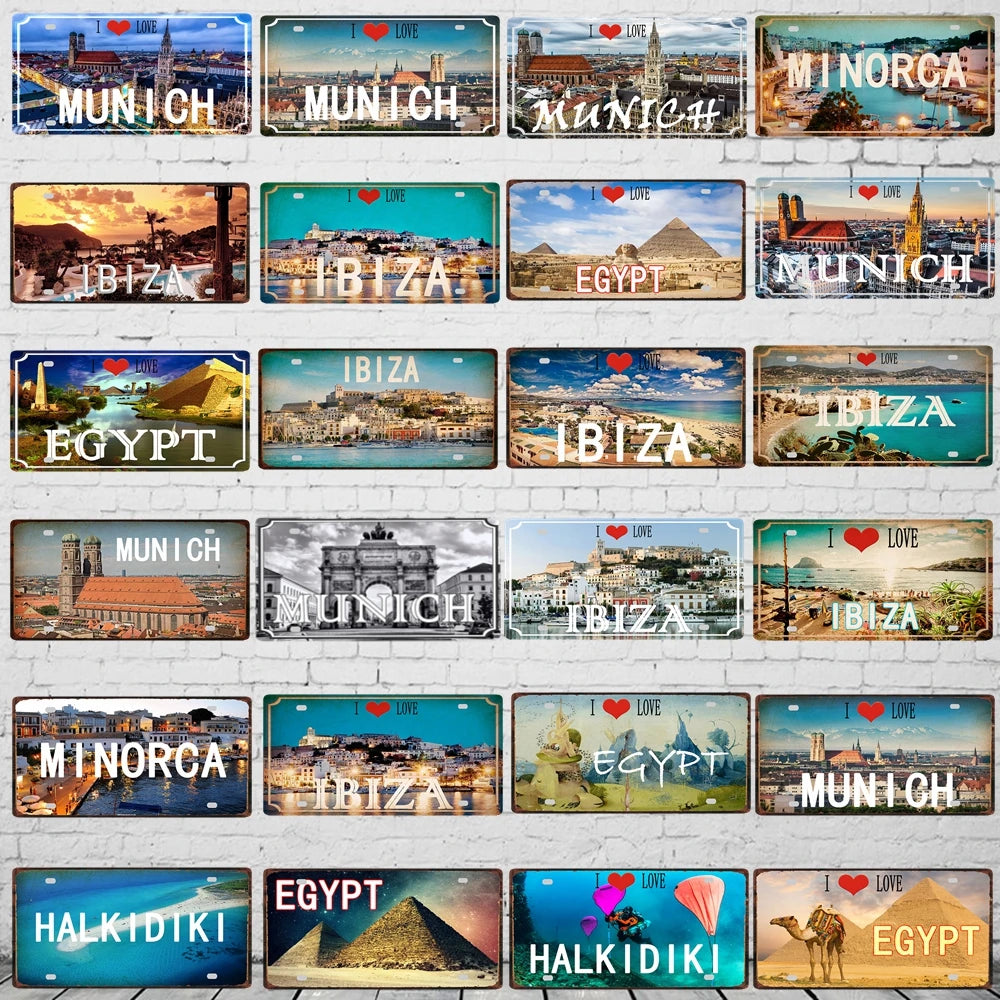 Ibiza Egypt Munich Haikidiki City Metal Sign Tin Plate Vintage Poster For Wall Art Shop Club Bar Home Decor 30X15CM DC-1369A