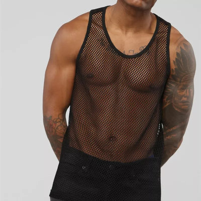 2021 New Men's Tops Sexy Mesh Perspective Vest Fishing Net Muscle Sleeveless See Through Sexy Tops