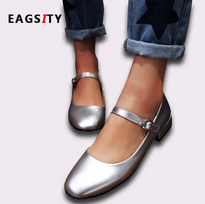 EAGSITY Classic Mary Jane shoes for women square heel ankle strap block heel silver party wedding ladies dress shoes