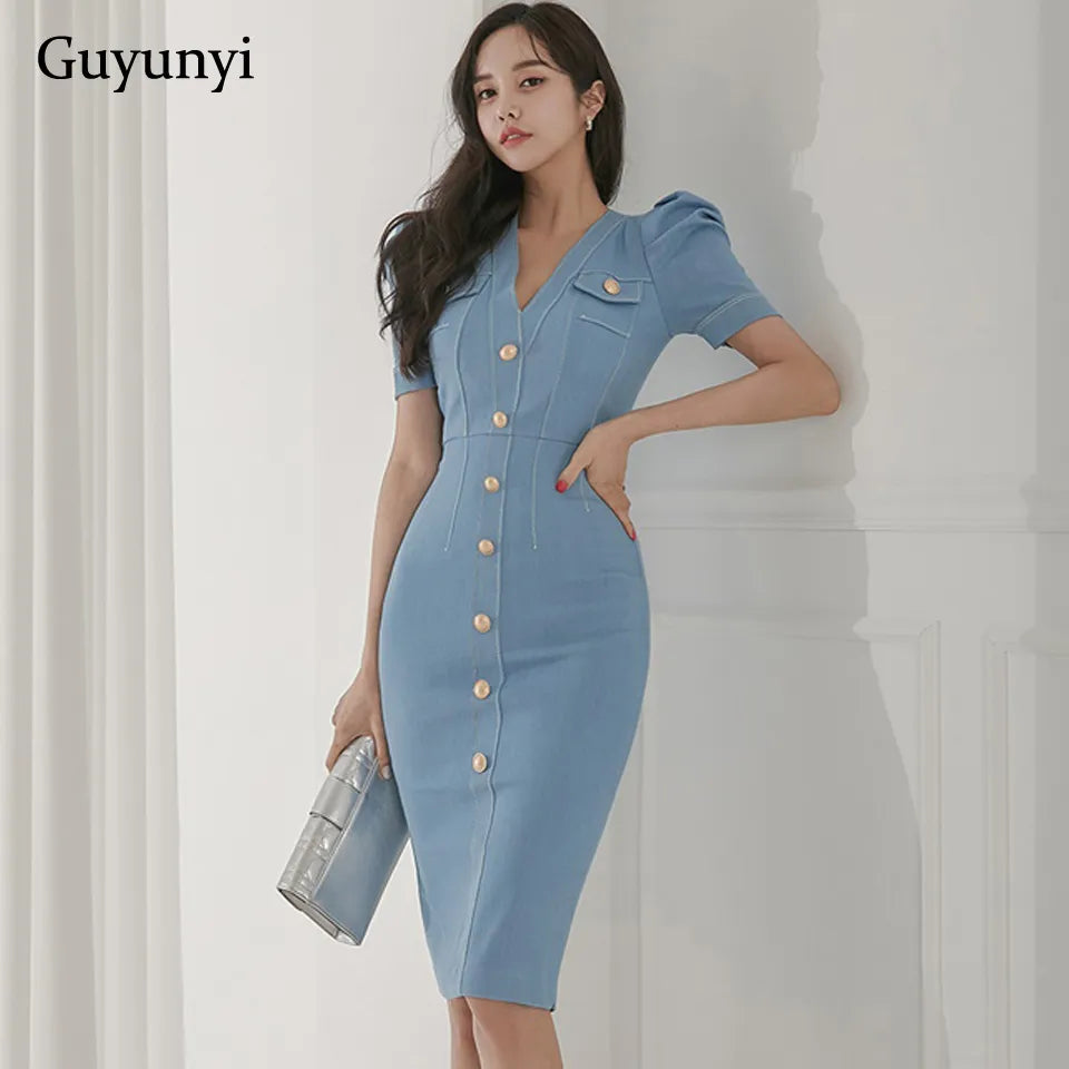 Elegant Office Lady Dress Summer High Waist Tight Dress V-Neck Puff Sleeve Decorated Single-Breasted Button Denim Dress