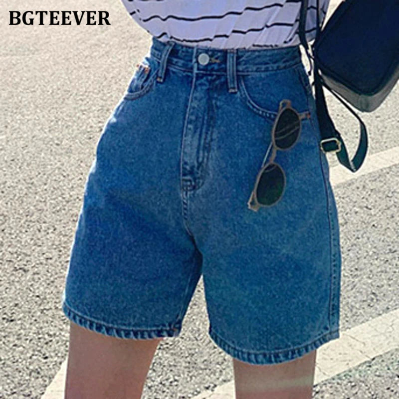 BGTEEVER Casual High Waist Straight Jeans Shorts Summer Pockets Loose Female Blue Denim Shorts Ladies High Street Bottoms 2020