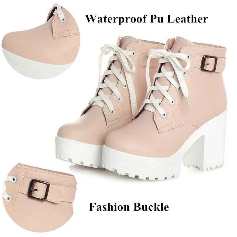 LIN KING Vintage Buckle Thick Heel Short Boots Square Heel Women Platform Ankle Boots Fashion Pu Lace Up Short Boots Big Size