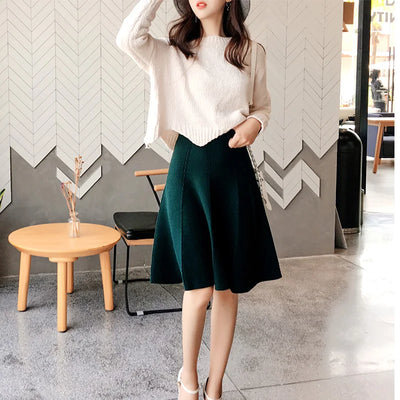 2023 Autumn Winter Knitted Skirt Women Midi High Waist A Line Knit Skirts One-pieces Seamles Pleated Elastic Thick Faldas