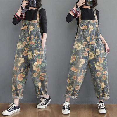 Casual Loose Plus Size Jeans Jumpsuits Women Spring Autumn Print Floral Denim Overalls Wide Leg Dungarees Straps Baggy Pants