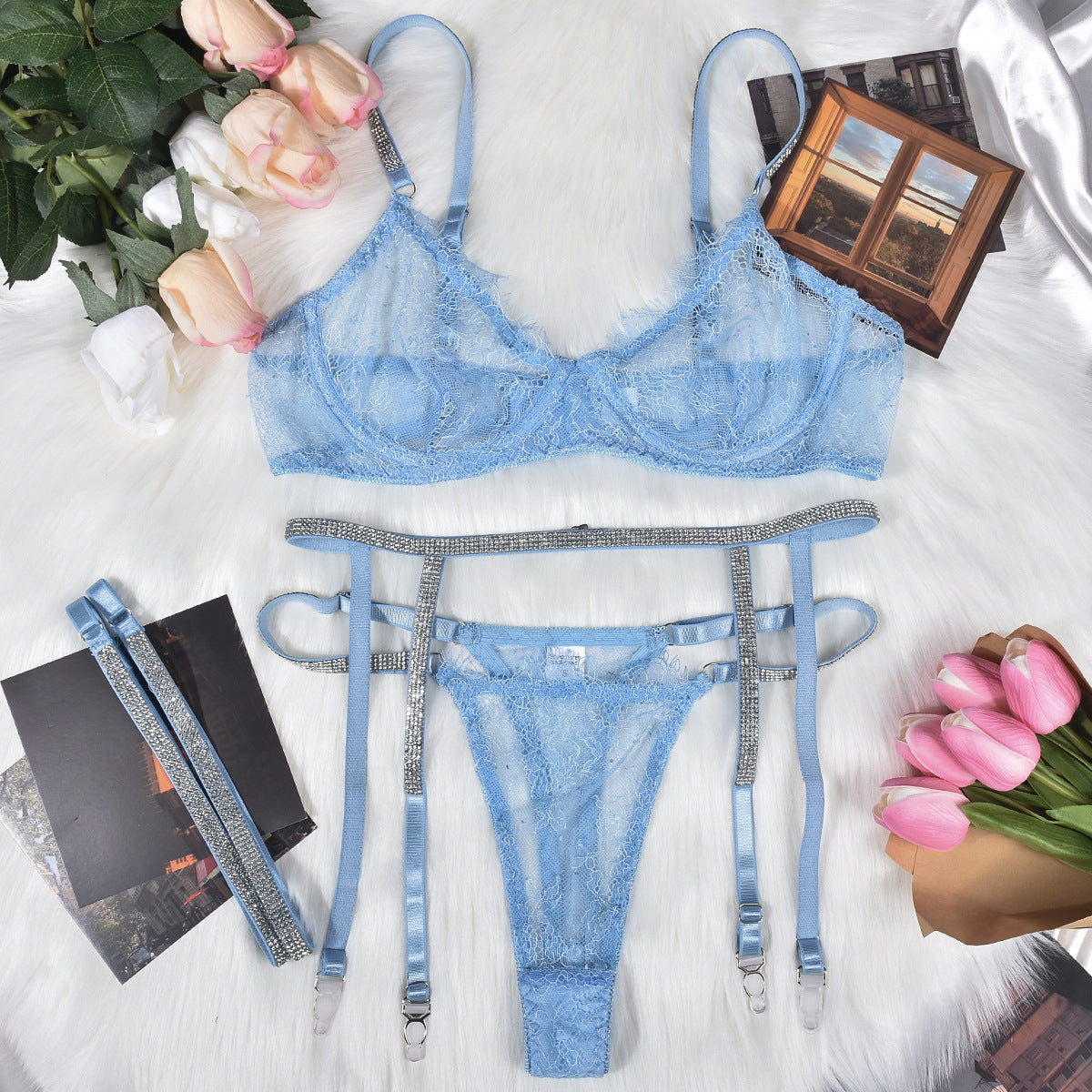 Women's Underwear Lace Three-point Rhinestone Leg Ring Three-piece Set